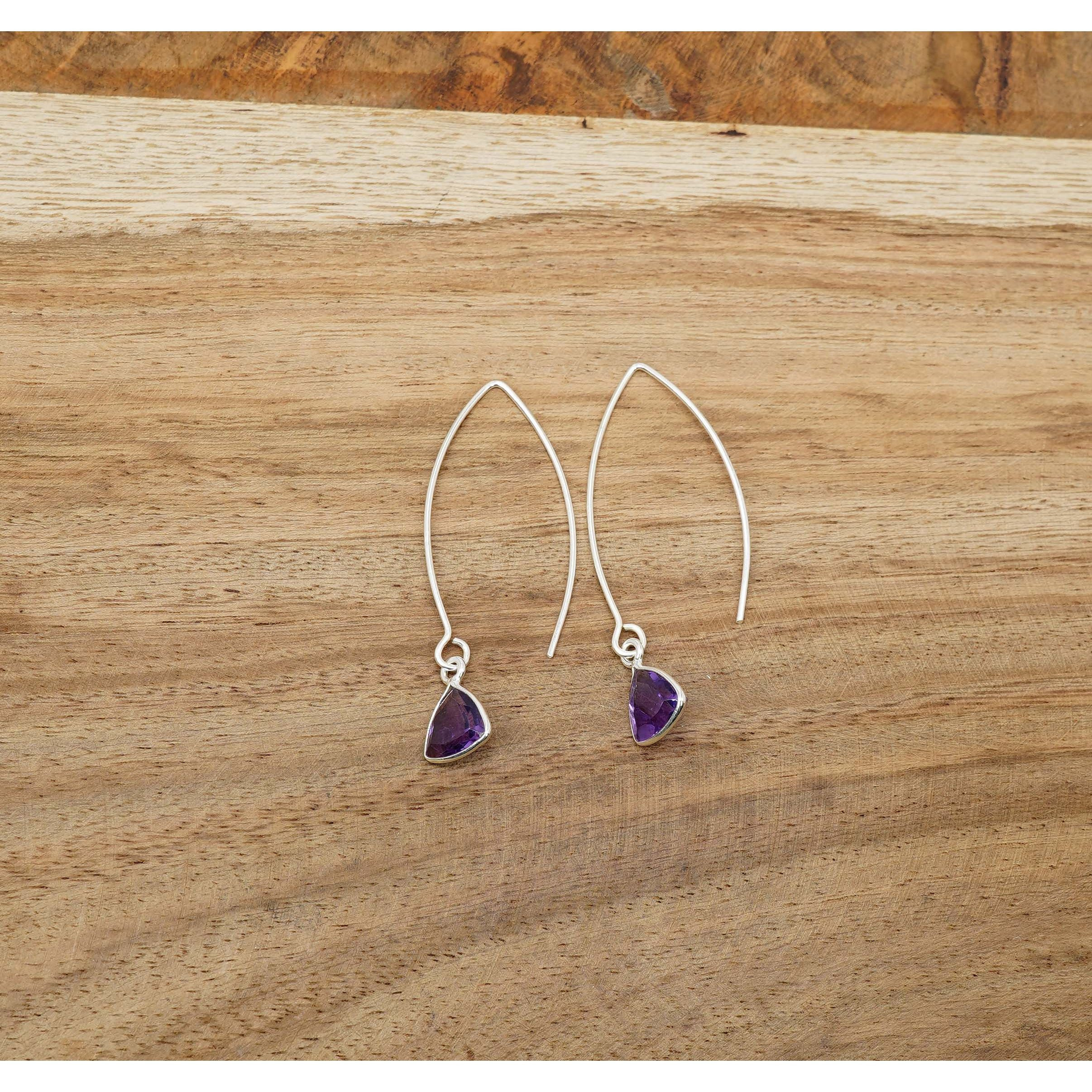 Women's 925 Sterling Silver Minimalist Triangle Amethyst Hoop Earrings